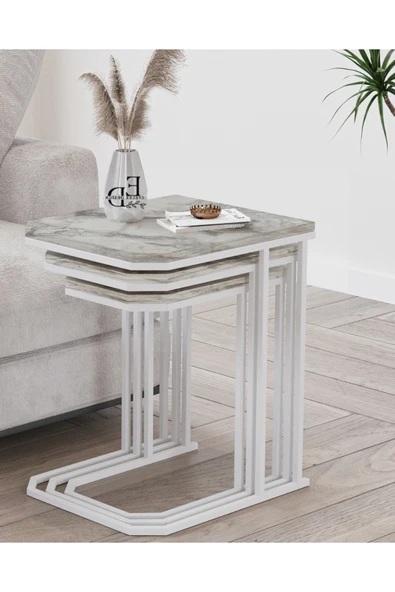 Zigon Sehpa , Lyon 3'lü C Zigon Sehpa Takımı , Beyaz Metal - Beyaz Mermer Tabla - Resim 2