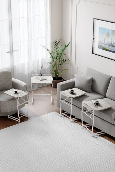 Zigon Sehpa , Miami 4'lü Zigon Sehpa Takımı , Beyaz Metal - Beyaz Mermer Tabla - Resim 2