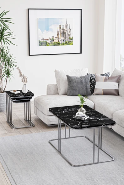 Orta Sehpa , Lyon Orta Sehpa , Gümüş Metal - Siyah Mermer Tabla - Resim 2