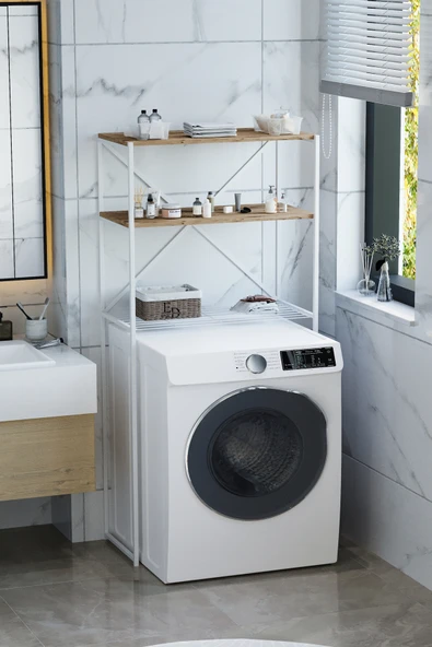 Banyo Rafı , Beril 2 Raflı Çamaşır Makinesi Üstü Düzenleyici , Beyaz Metal - Atlantik Çam Tabla ürün görseli