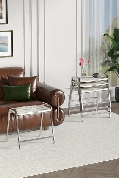 Zigon Sehpa , Aden 4'lü Tepsi Zigon Sehpa Takımı Gümüş Metal - Beyaz Mermer Tabla - Resim 4