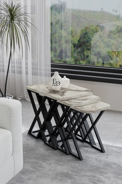 Zigon Sehpa , Milano 3'lü Zigon Sehpa Takımı , Siyah Metal - Beyaz Mermer Tabla ürün görseli