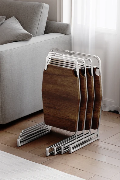 Zigon Sehpa , Miami 4'lü Zigon Sehpa Takımı , Gümüş Metal - Barok Tabla ürün görseli