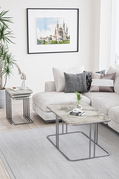 Orta Sehpa , Lyon Orta Sehpa , Gümüş Metal - Beyaz Mermer Tabla - Resim 2