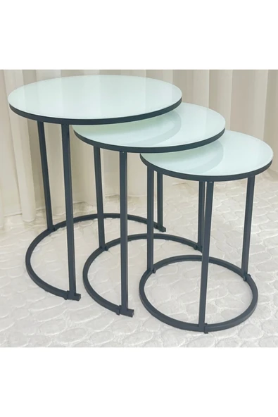 Zigon Sehpa , Paris 3'lü Camlı C Zigon Sehpa Takımı , Siyah Metal - Beyaz Cam ürün görseli