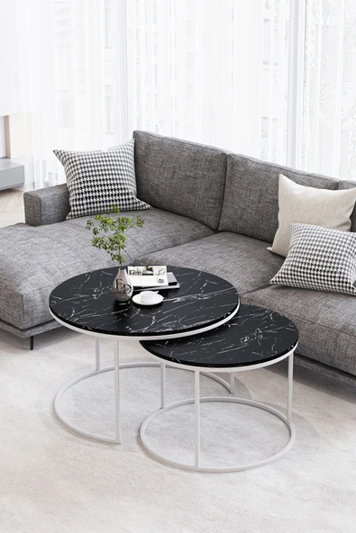 Orta Sehpa , Paris 2'li Orta Sehpa Takımı , Beyaz Metal - Siyah Mermer Tabla ürün görseli