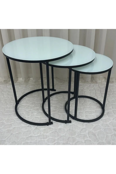 Zigon Sehpa , Paris 3'lü Camlı C Zigon Sehpa Takımı , Siyah Metal - Beyaz Cam - Resim 3