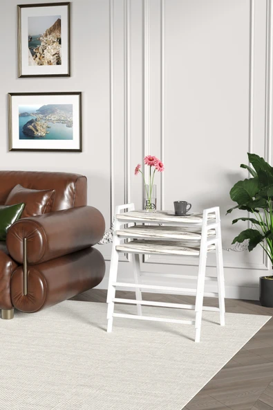 Zigon Sehpa , Aden 3'lü Tepsi Zigon Sehpa Takımı Beyaz Metal - Beyaz Mermer Tabla - Resim 3