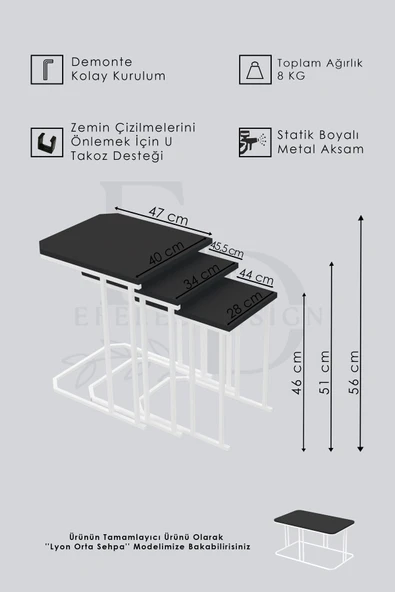 Zigon Sehpa , Lyon 3'lü C Zigon Sehpa Takımı , Beyaz Metal - Beyaz Mermer Tabla - Resim 5