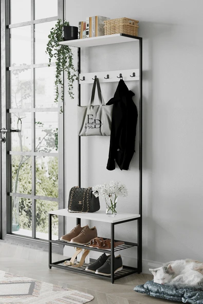 Vestiyer , Portmanto , Askılık , Ruby 3 Raflı Ayakkabılık, , Siyah Metal - Beyaz Tabla - Resim 2