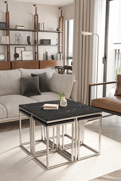 Orta Sehpa , Lizbon 4 1 , Kare Pizza Sehpa Takımı , Gümüş Metal - Siyah Mermer Tabla - Resim 2