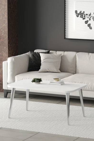 Orta Sehpa Metal Ayaklı , Roma Orta Sehpa , Gümüş Metal - Beyaz Tabla - Resim 2