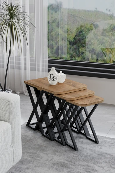 Zigon Sehpa , Milano 3'lü Zigon Sehpa Takımı , Siyah Metal - Atlantik Çam Tabla ürün görseli