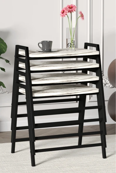 Zigon Sehpa , Aden 4'lü Tepsi Zigon Sehpa Takımı Siyah Metal - Beyaz Mermer Tabla - Resim 2