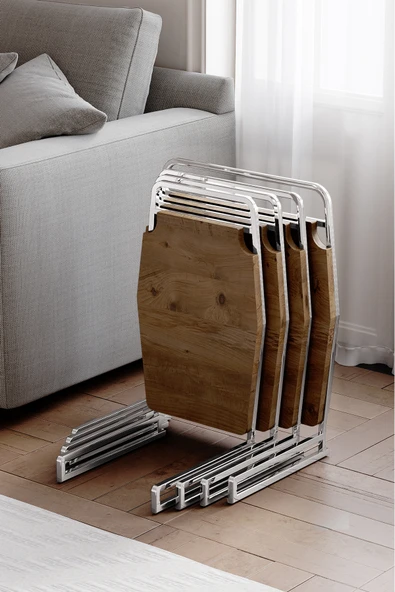 Zigon Sehpa , Miami 4'lü Zigon Sehpa Takımı , Gümüş Metal - Atlantik Çam Tabla ürün görseli