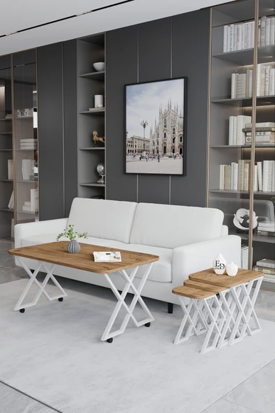 Zigon Sehpa , Milano 3'lü Zigon Sehpa Takımı , Beyaz Metal - Atlantik Çam Tabla - Resim 2