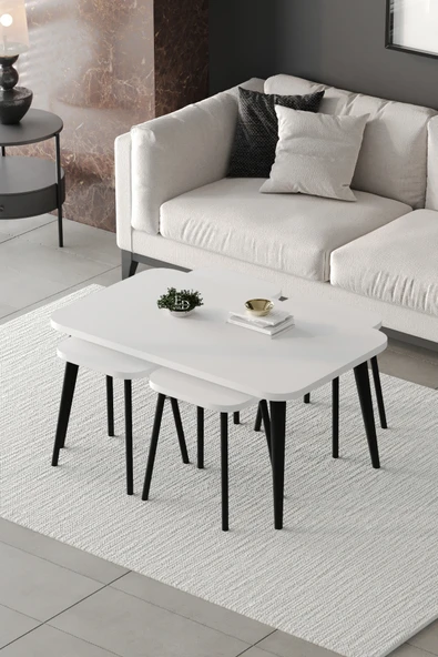 Zigon ve Orta Sehpa 5'li Takım , Metal Ayaklı , Roma 4+1 Sehpa , Siyah Metal - Beyaz Tabla ürün görseli