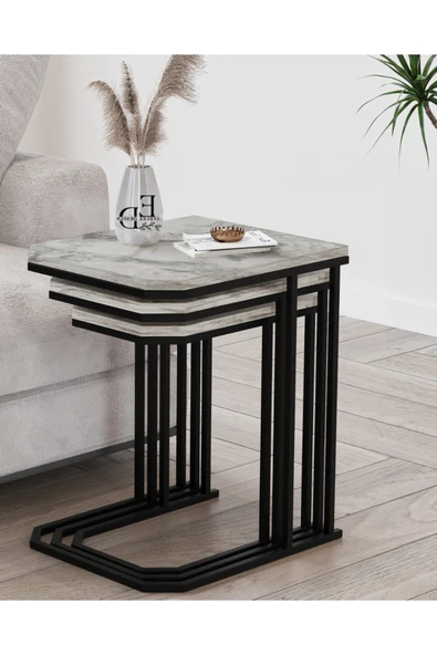 Zigon Sehpa , Lyon 3'lü C Zigon Sehpa Takımı , Siyah Metal - Beyaz Mermer Tabla - Resim 2