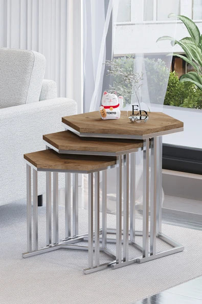 Zigon Sehpa , Tokyo 3'lü Zigon Takımı , Gümüş Metal - Atlantik Çam Tabla ürün görseli