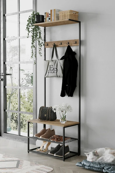 Vestiyer , Portmanto , Askılık , Ruby 3 Raflı Ayakkabılık, , Siyah Metal - Atlantik Çam Tabla - Resim 2