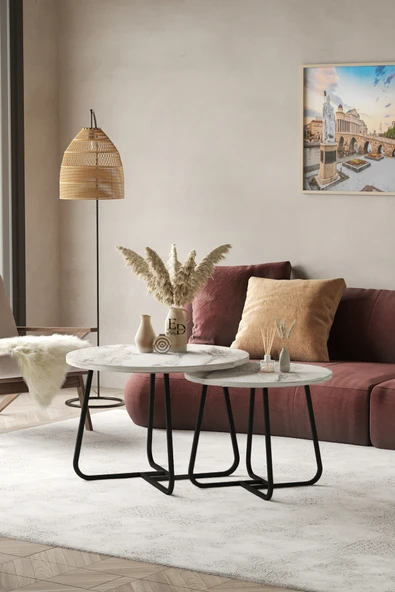 Orta Sehpa , Üsküp 2'li Orta Sehpa Takımı , Siyah Metal - Beyaz Mermer Tabla - Resim 2