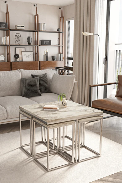 Orta Sehpa , Lizbon 4 1 , Kare Pizza Sehpa Takımı , Gümüş Metal - Beyaz Mermer Tabla - Resim 2