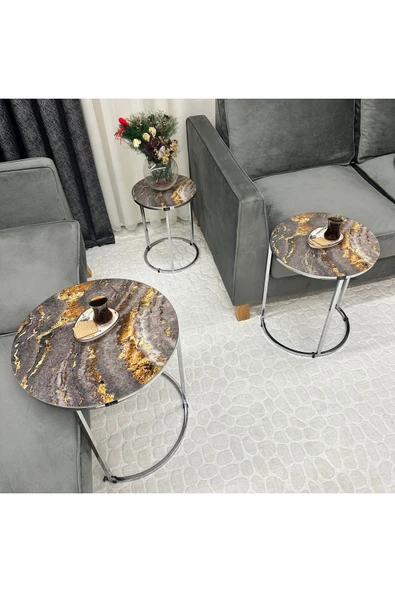 Zigon Sehpa , Paris 3'lü Camlı C Zigon Sehpa Takımı , Gümüş Metal - Cam-92 - Resim 4