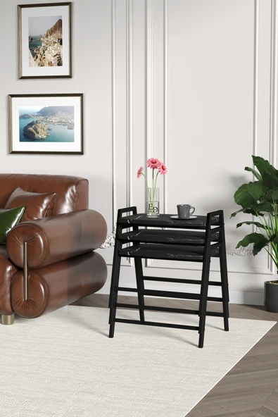 Zigon Sehpa , Aden 3'lü Tepsi Zigon Sehpa Takımı Siyah Metal - Siyah Mermer Tabla - Resim 3