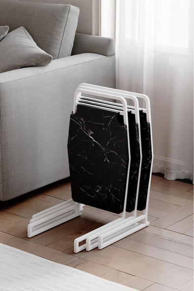 Zigon Sehpa , Miami 3'lü Zigon Sehpa Takımı , Beyaz Metal - Siyah Mermer Tabla ürün görseli