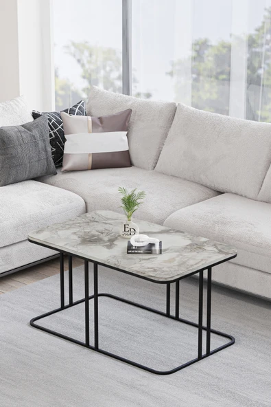 Orta Sehpa , Lyon Orta Sehpa , Siyah Metal - Beyaz Mermer Tabla ürün görseli