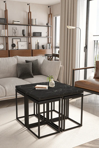 Orta Sehpa , Lizbon 4 1 , Kare Pizza Sehpa Takımı , Siyah Metal - Siyah Mermer Tabla - Resim 2