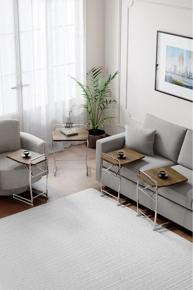 Zigon Sehpa , Miami 4'lü Zigon Sehpa Takımı , Gümüş Metal - Barok Tabla - Resim 2