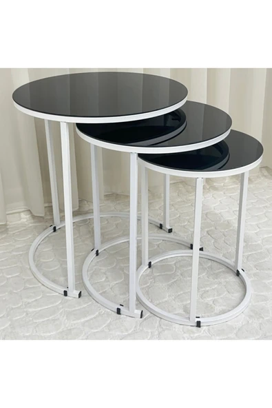 Zigon Sehpa , Paris 3'lü Camlı C Zigon Sehpa Takımı , Beyaz Metal - Siyah Cam ürün görseli