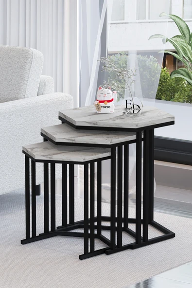 Zigon Sehpa , Tokyo 3'lü Zigon Takımı , Siyah Metal - Beyaz Mermer Tabla ürün görseli