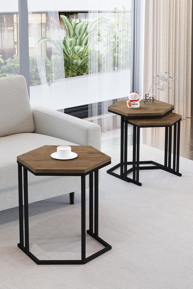 Zigon Sehpa , Tokyo 3'lü Zigon Takımı , Siyah Metal - Atlantik Çam Tabla - Resim 2