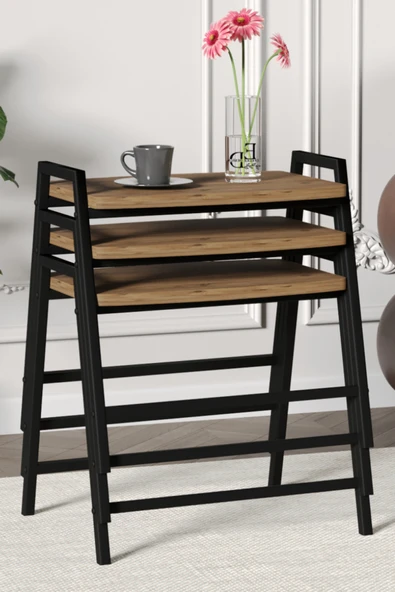 Zigon Sehpa , Aden 3'lü Tepsi Zigon Sehpa Takımı Siyah Metal - Atlantik Çam Tabla ürün görseli