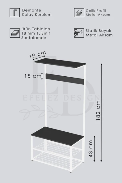 Vestiyer , Portmanto , Askılık , Ruby 3 Raflı Ayakkabılık, , Siyah Metal - Atlantik Çam Tabla - Resim 3