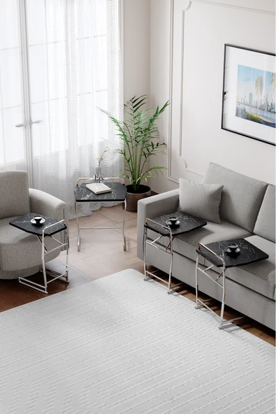 Zigon Sehpa , Miami 4'lü Zigon Sehpa Takımı , Gümüş Metal - Siyah Mermer Tabla - Resim 2