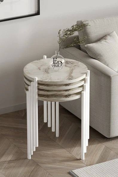 Zigon Sehpa , Nice 4'lü Zigon Sehpa Takımı , Beyaz Metal - Beyaz Mermer Tabla ürün görseli