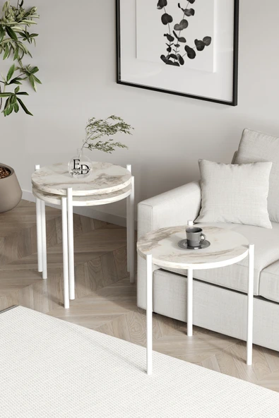 Zigon Sehpa , Nice 3'lü Zigon Sehpa Takımı , Beyaz Metal - Beyaz Mermer Tabla - Resim 2