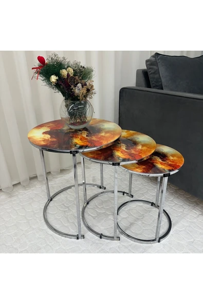 Zigon Sehpa , Paris 3'lü Camlı C Zigon Sehpa Takımı , Gümüş Metal - Cam-95 ürün görseli