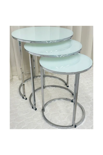 Zigon Sehpa , Paris 3'lü Camlı C Zigon Sehpa Takımı , Gümüş Metal - Beyaz Cam ürün görseli