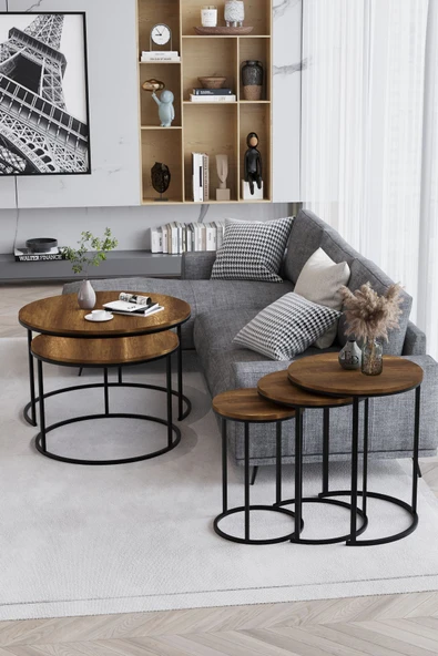 Zigon Sehpa , Paris 3'lü C Zigon Sehpa Takımı , Siyah Metal - Barok Tabla - Resim 2