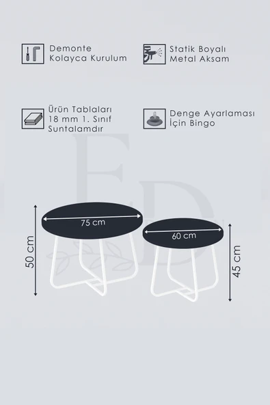 Orta Sehpa , Üsküp 2'li Orta Sehpa Takımı , Siyah Metal - Atlantik Çam Tabla - Resim 3