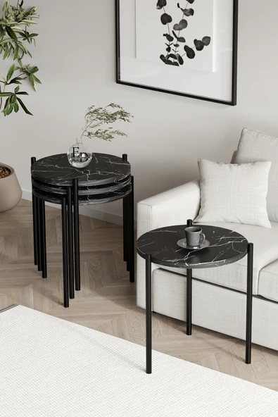 Zigon Sehpa , Nice 4'lü Zigon Sehpa Takımı , Siyah Metal - Siyah Mermer Tabla - Resim 2