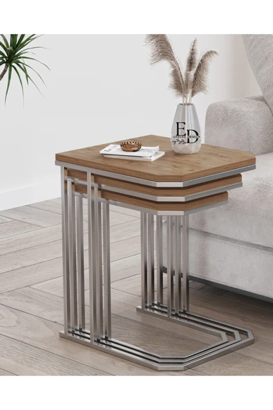 Zigon Sehpa , Lyon 3'lü C Zigon Sehpa Takımı , Gümüş Metal - Atlantik Çam Tabla ürün görseli