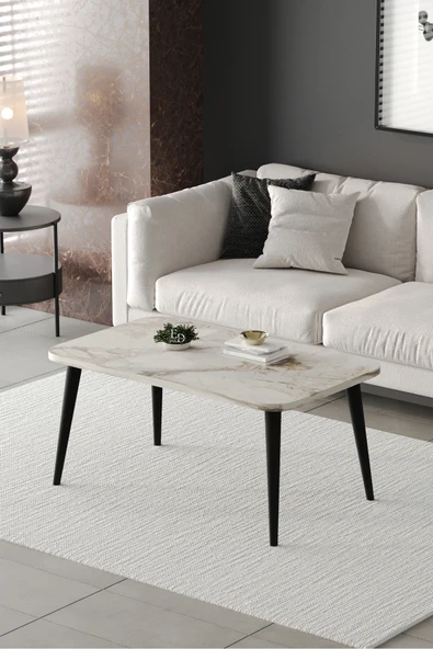 Orta Sehpa Metal Ayaklı , Roma Orta Sehpa , Siyah Metal - Beyaz Mermer Tabla ürün görseli