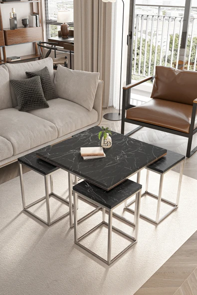 Orta Sehpa , Lizbon 4 1 , Kare Pizza Sehpa Takımı , Gümüş Metal - Siyah Mermer Tabla ürün görseli