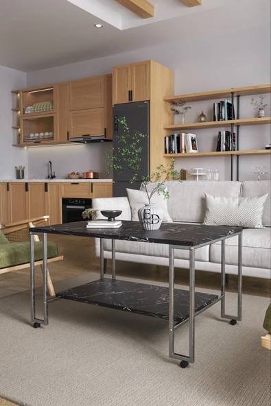 Orta Sehpa , Nury Tekerlekli Orta Sehpa Takımı , Gümüş Metal - Siyah Mermer Tabla - Resim 2