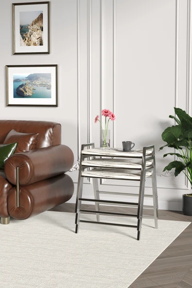 Zigon Sehpa , Aden 3'lü Tepsi Zigon Sehpa Takımı Gümüş Metal - Beyaz Mermer Tabla - Resim 3